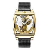 SHENHUA Mens Watches Top Brand Luxury Automatic Mechanical Transparent Skeleton Bridge Watch Leather Belt Wristwatch Male Clock Inspirational Watches