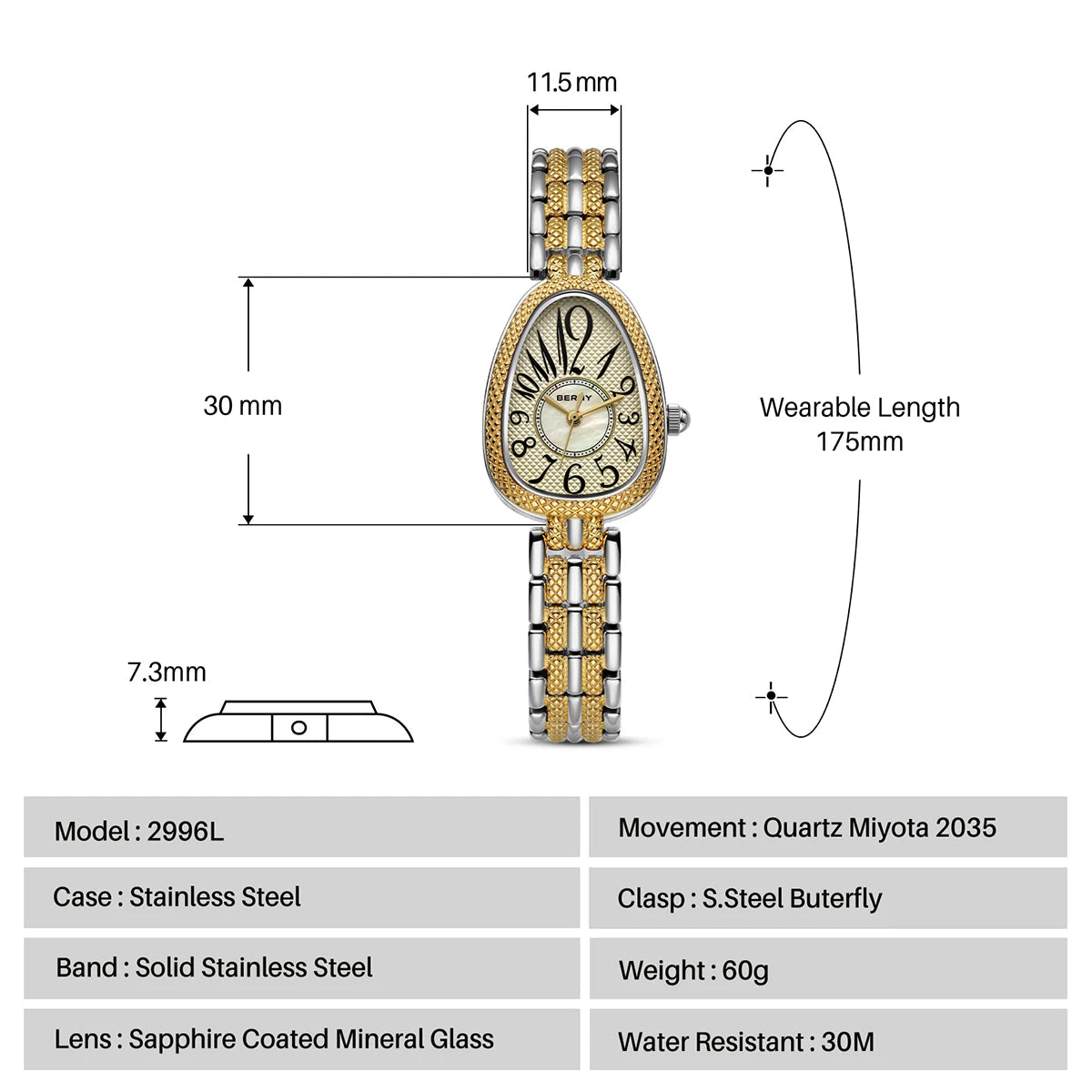 BERNY Snake-shaped Watch for Women Quartz Miyota 2035 Fashion Jewelry Bracelet Silver Gold Ladies Wristwatch Luxury Gift Watches Inspirational Watches