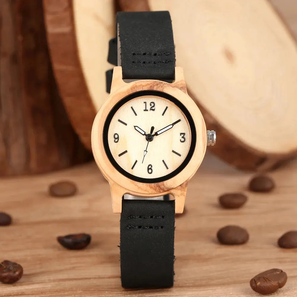 Elegant Women’s Wooden Watch – Genuine Leather Strap & Luxury Quartz Timepiece - Inspirational Watches