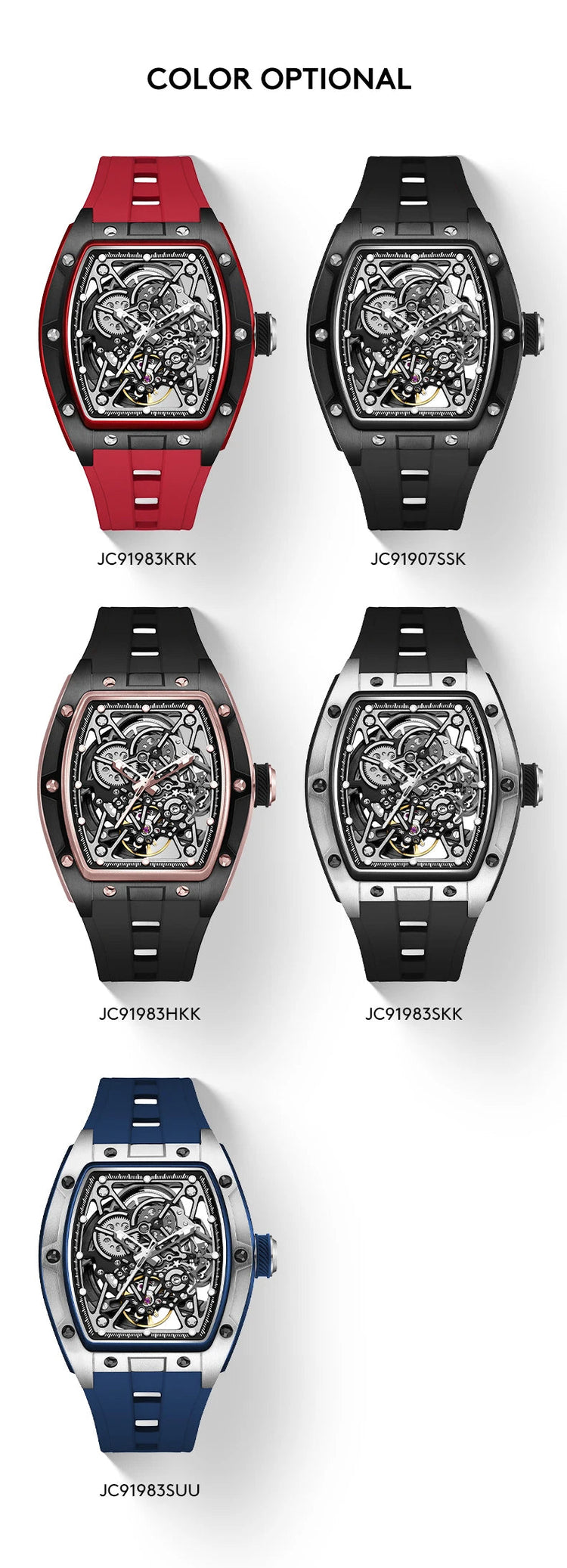 Mechanical Watch for Men Fashion Sport Analog Automatic Wristwatch Skeleton Stainless 50M Waterproof Watches with Tonneau Dial Inspirational Watches