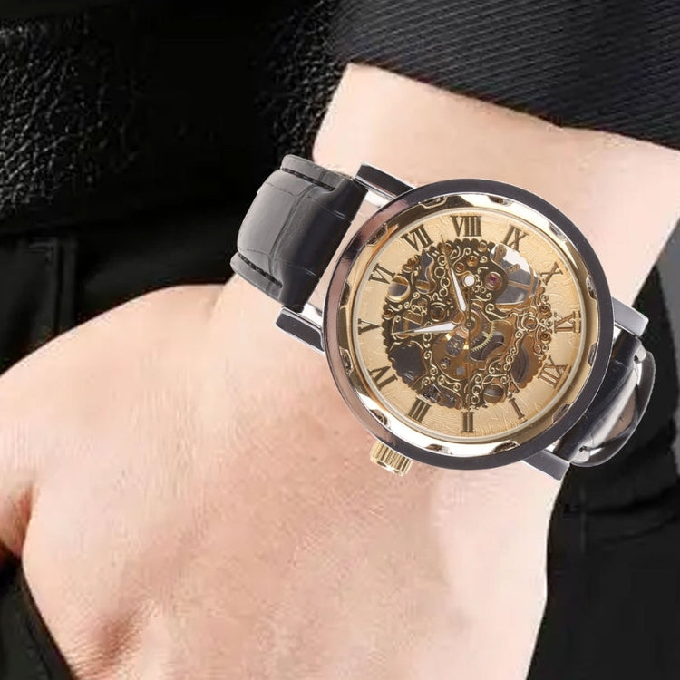 Mens Mechanical Watch Black Leather Gold Skeleton Sport Wristwatch Cool Relogio Inspirational Watches