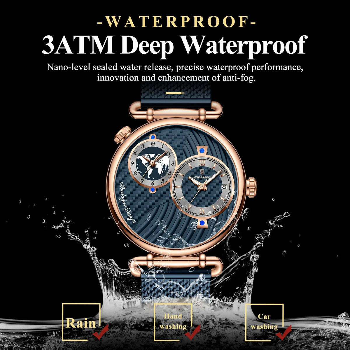 POEDAGAR Fashion Man Clock Dual Time Zone Display Waterproof Date Men Watch Sports Mesh Stainless Steel Men&