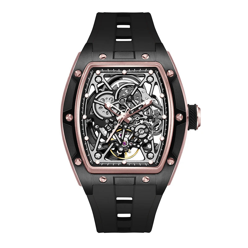 Mechanical Watch for Men Fashion Sport Analog Automatic Wristwatch Skeleton Stainless 50M Waterproof Watches with Tonneau Dial Inspirational Watches