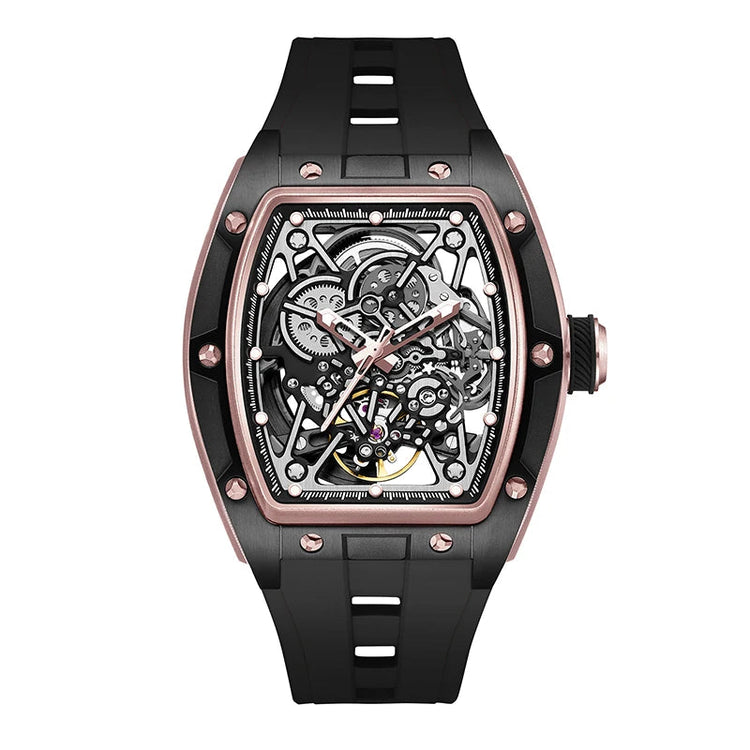 Mechanical Watch for Men Fashion Sport Analog Automatic Wristwatch Skeleton Stainless 50M Waterproof Watches with Tonneau Dial Inspirational Watches