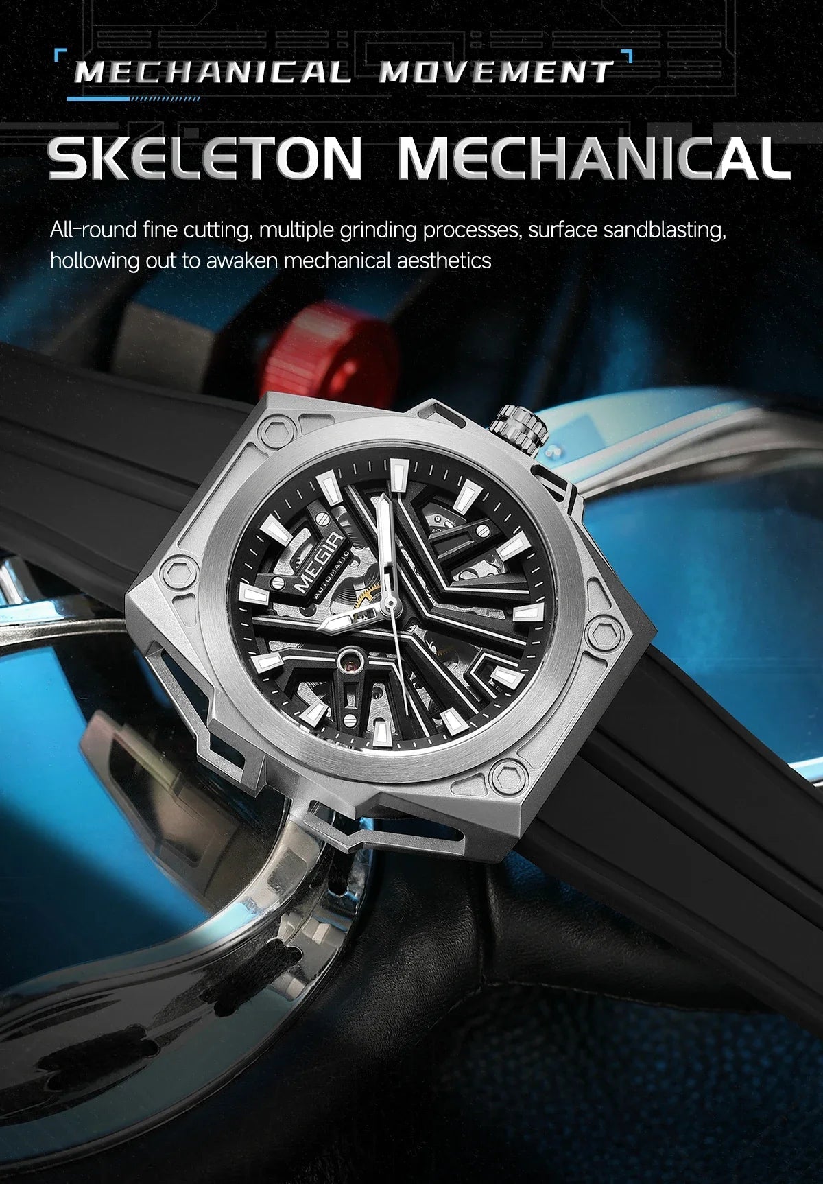 MEGIR Skeleton Dial Men Mechanical Watch Silicone Strap 316 Stainless Steel Case 50M Waterproof Automatic Wristwatches Men&