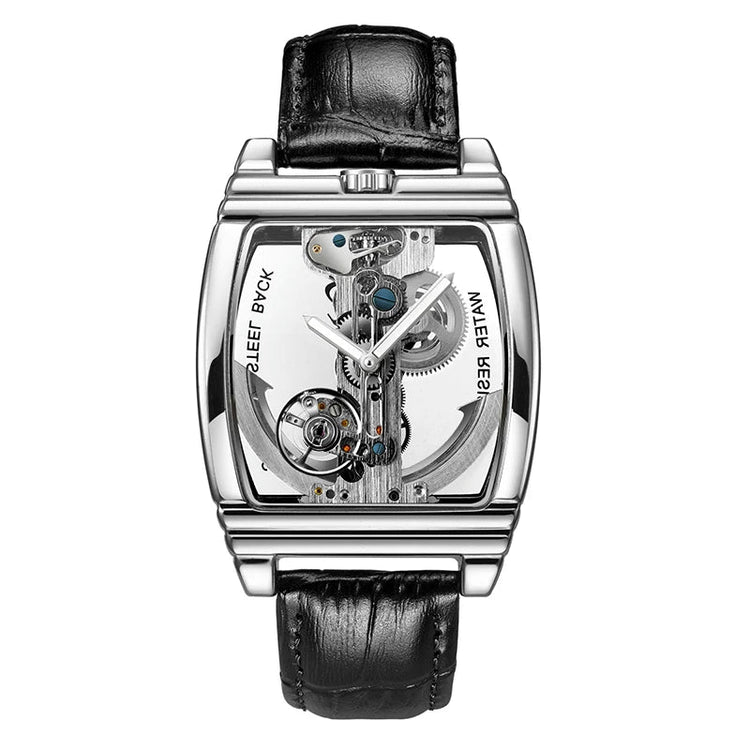 SHENHUA Mens Watches Top Brand Luxury Automatic Mechanical Transparent Skeleton Bridge Watch Leather Belt Wristwatch Male Clock Inspirational Watches