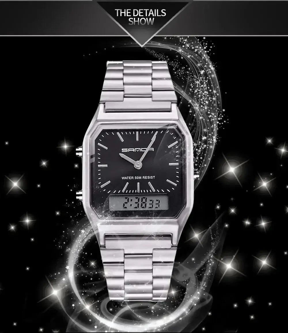Stainless Steel LED Digital Dual Display Clock Waterproof Sports Watch Inspirational Watches