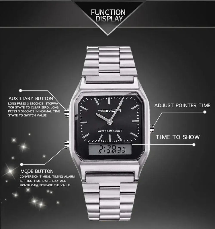 Stainless Steel LED Digital Dual Display Clock Waterproof Sports Watch Inspirational Watches