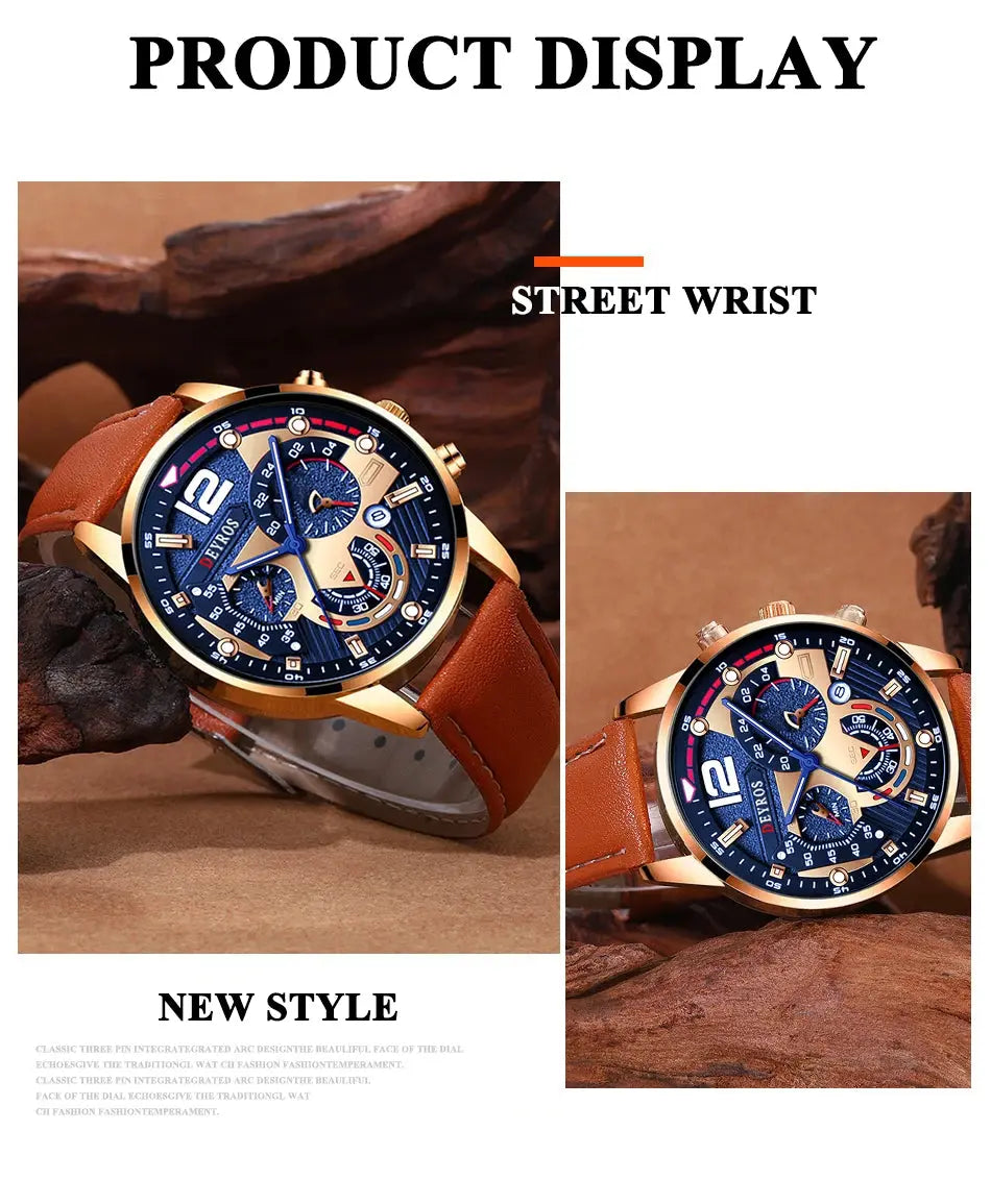 2PCS Set Fashion Calendar Watches Male Business Casual Brown Leather - Inspirational Watches