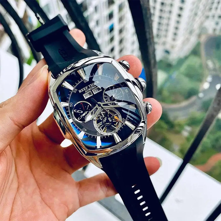 Reef Tiger 316L Stainless Steel Wine Barrel Automatic Watch Fashion Mulitfunction Tourbillon Mechanical Watches for Men RGA3069 Inspirational Watches