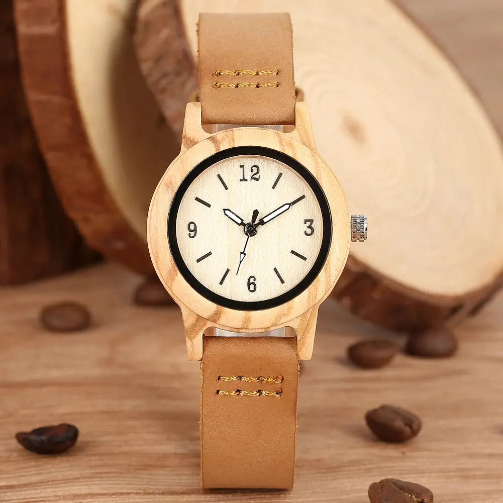 Elegant Women’s Wooden Watch – Genuine Leather Strap & Luxury Quartz Timepiece - Inspirational Watches