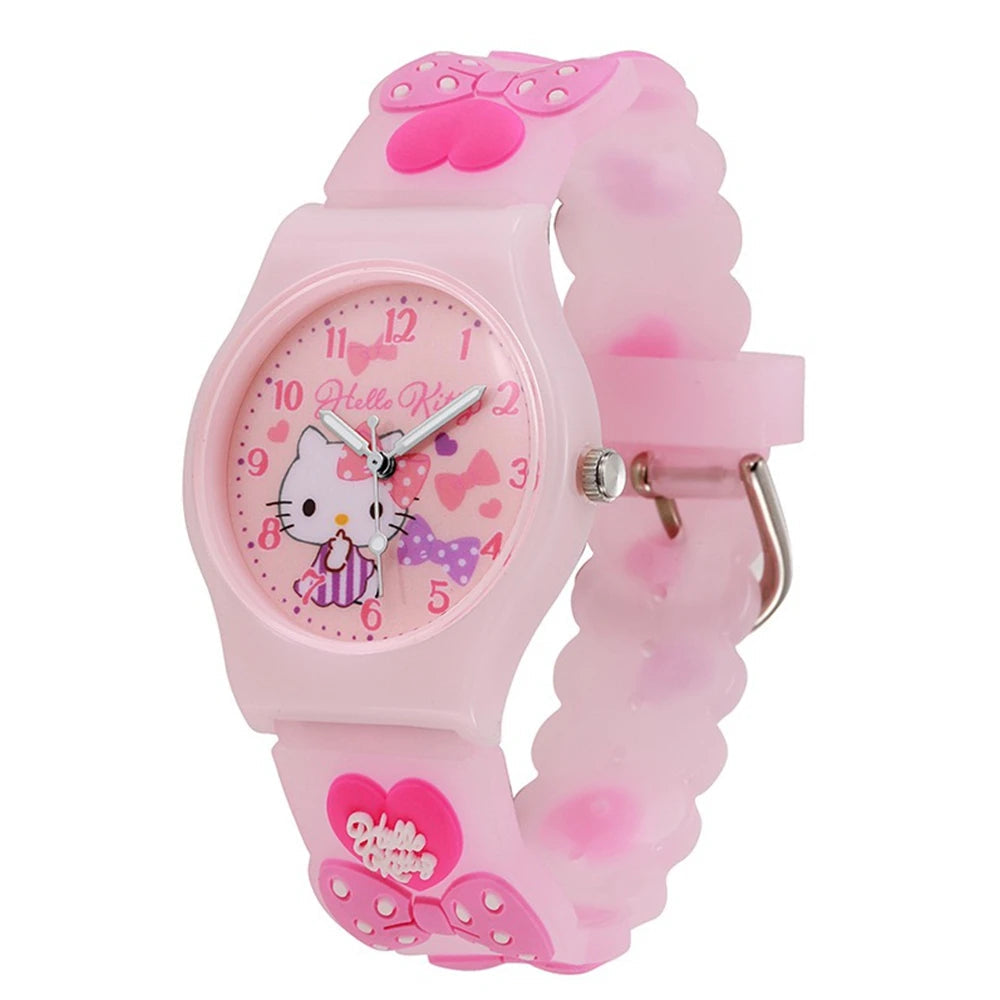Pink Hello Kitty watch with cartoon characters and Sanrio logo on a white background