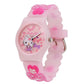 Pink Hello Kitty watch with cartoon characters and Sanrio logo on a white background