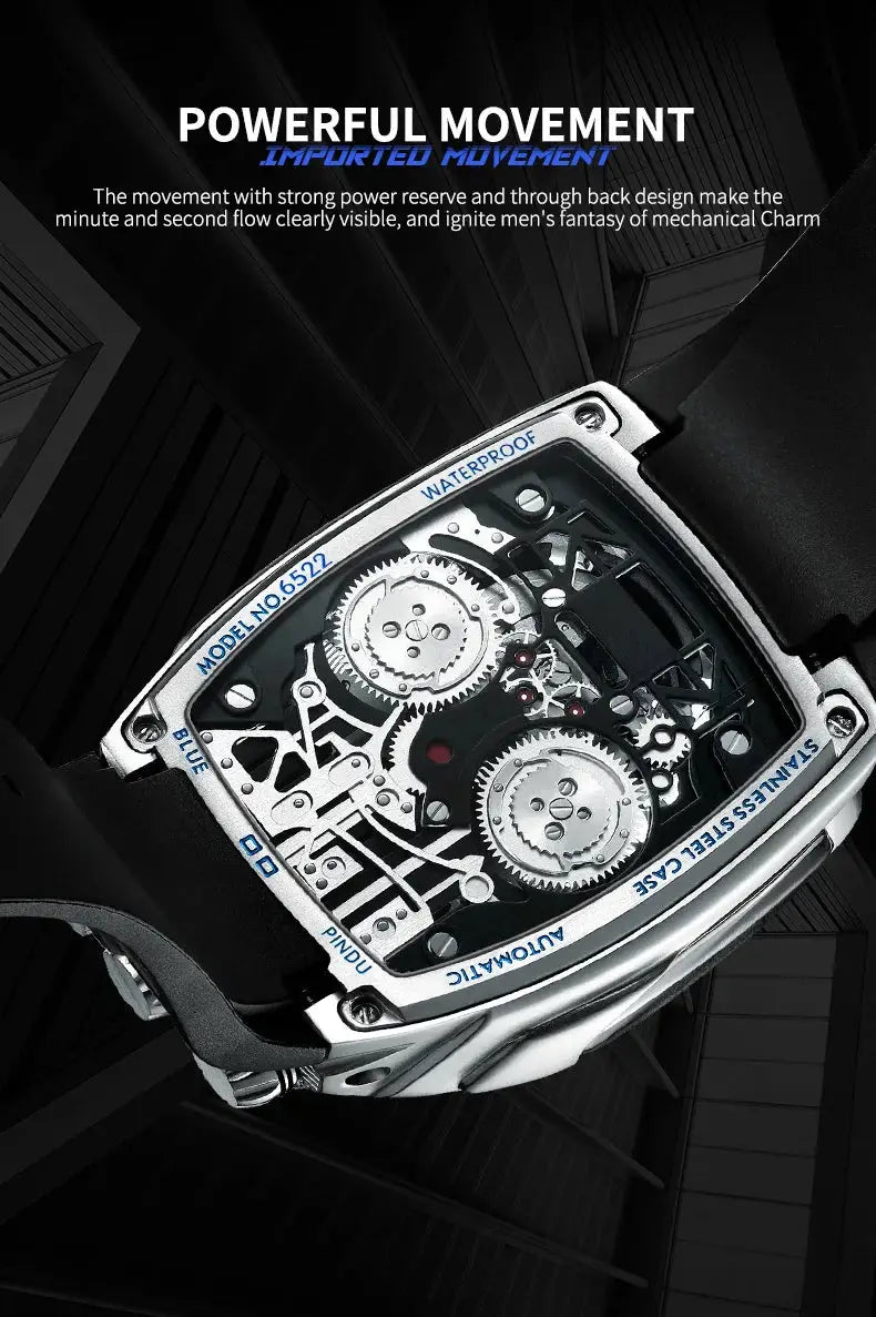 PINDU Men Automatic Watch 42mm Luxury Tonneau Mechanical Wristwatch Fashion Luminous 50M Waterproof Skeleton NH05 Inspirational Watches