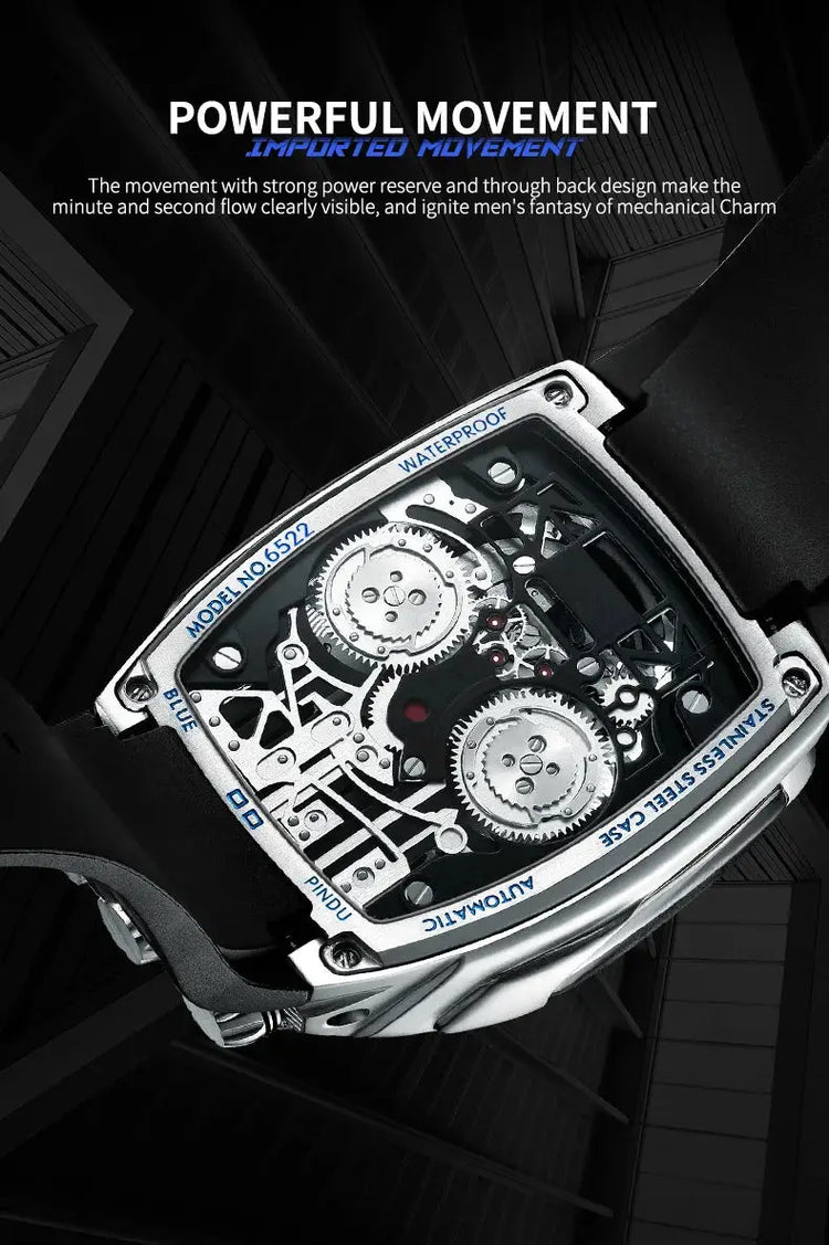 PINDU Men Automatic Watch 42mm Luxury Tonneau Mechanical Wristwatch Fashion Luminous 50M Waterproof Skeleton NH05 Inspirational Watches