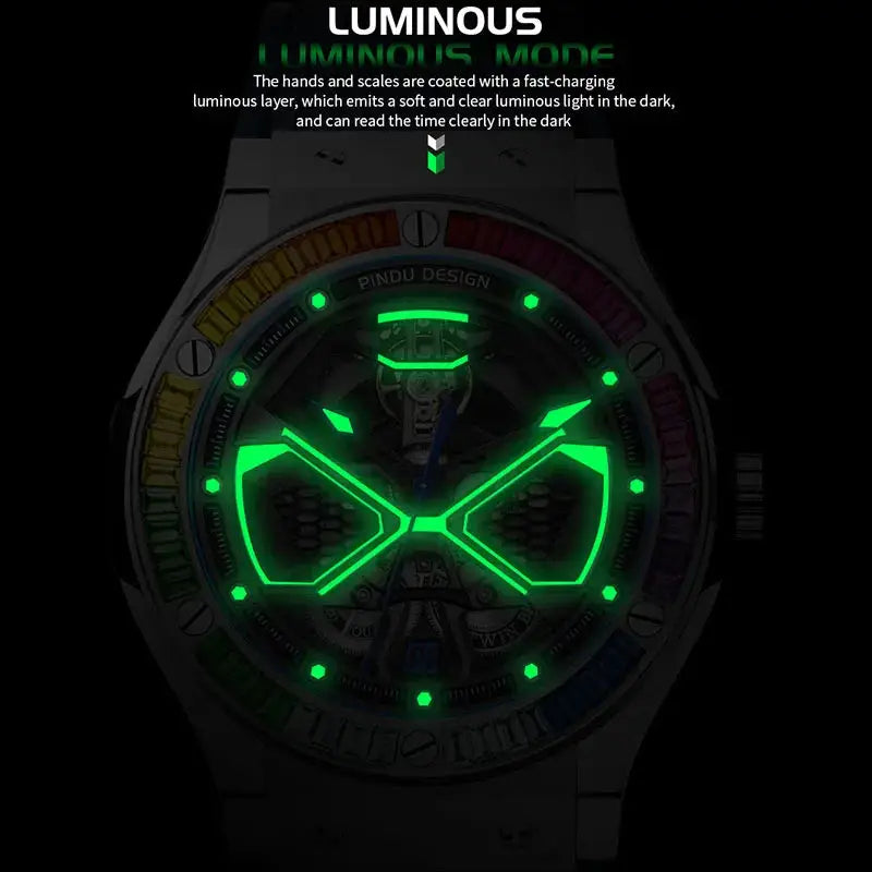 PINDU Watches High Quality Luxury Color Diamond Mechanical Watch For Men Waterproof Stainless Steel Silicone Strap Fashion Watch Inspirational Watches