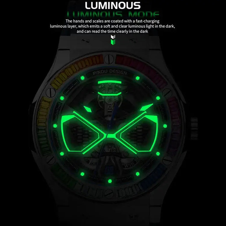 PINDU Watches High Quality Luxury Color Diamond Mechanical Watch For Men Waterproof Stainless Steel Silicone Strap Fashion Watch Inspirational Watches