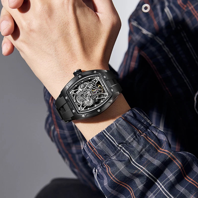 Mechanical Watch for Men Fashion Sport Analog Automatic Wristwatch Skeleton Stainless 50M Waterproof Watches with Tonneau Dial Inspirational Watches