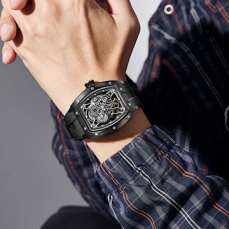 Mechanical Watch for Men Fashion Sport Analog Automatic Wristwatch Skeleton Stainless 50M Waterproof Watches with Tonneau Dial Inspirational Watches