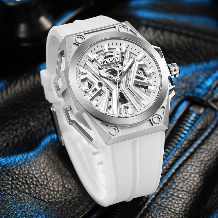 MEGIR Skeleton Dial Men Mechanical Watch Silicone Strap 316 Stainless Steel Case 50M Waterproof Automatic Wristwatches Men&