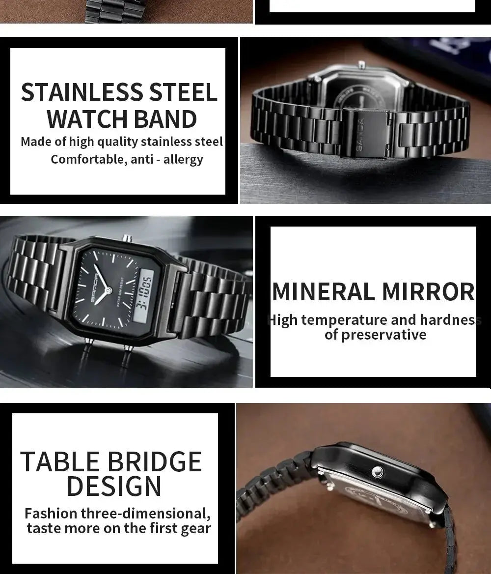 Stainless Steel LED Digital Dual Display Clock Waterproof Sports Watch Inspirational Watches