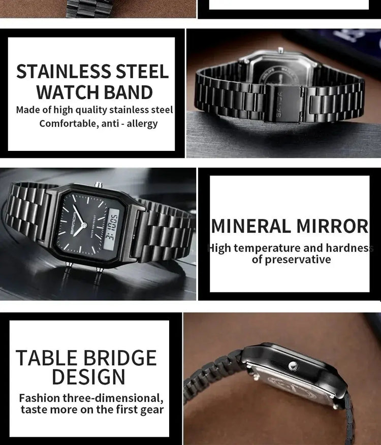 Stainless Steel LED Digital Dual Display Clock Waterproof Sports Watch Inspirational Watches