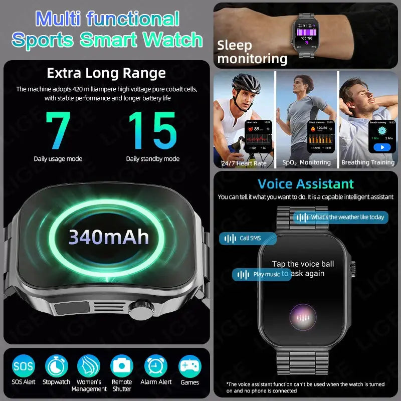 LIGE New 2.2-inch 3D Curved Screen Smart Watch With LED Light Thermometer Health Monitor Smartwatch BT Call Sports Fitness Watch Inspirational Watches