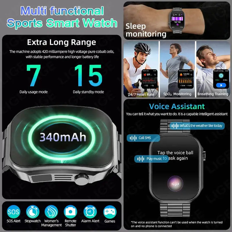 LIGE New 2.2-inch 3D Curved Screen Smart Watch With LED Light Thermometer Health Monitor Smartwatch BT Call Sports Fitness Watch Inspirational Watches