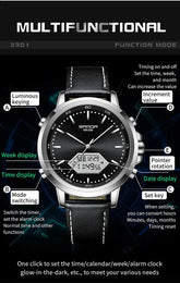 Dual Display Multi functional Night Light Waterproof Business Sports Watch Inspirational Watches