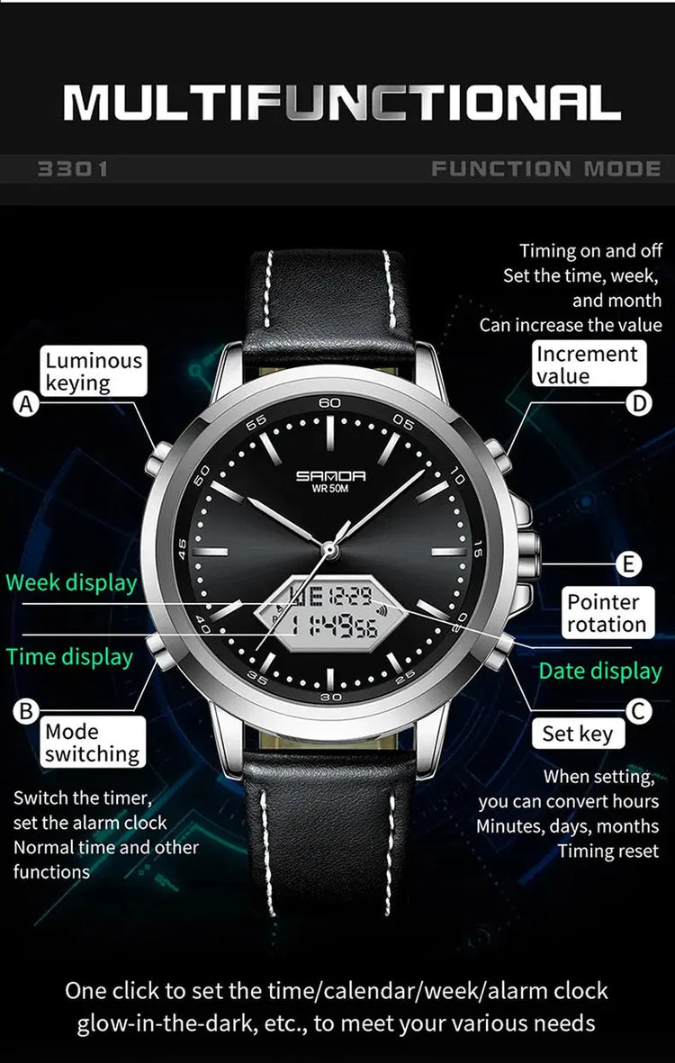 Dual Display Multi functional Night Light Waterproof Business Sports Watch Inspirational Watches