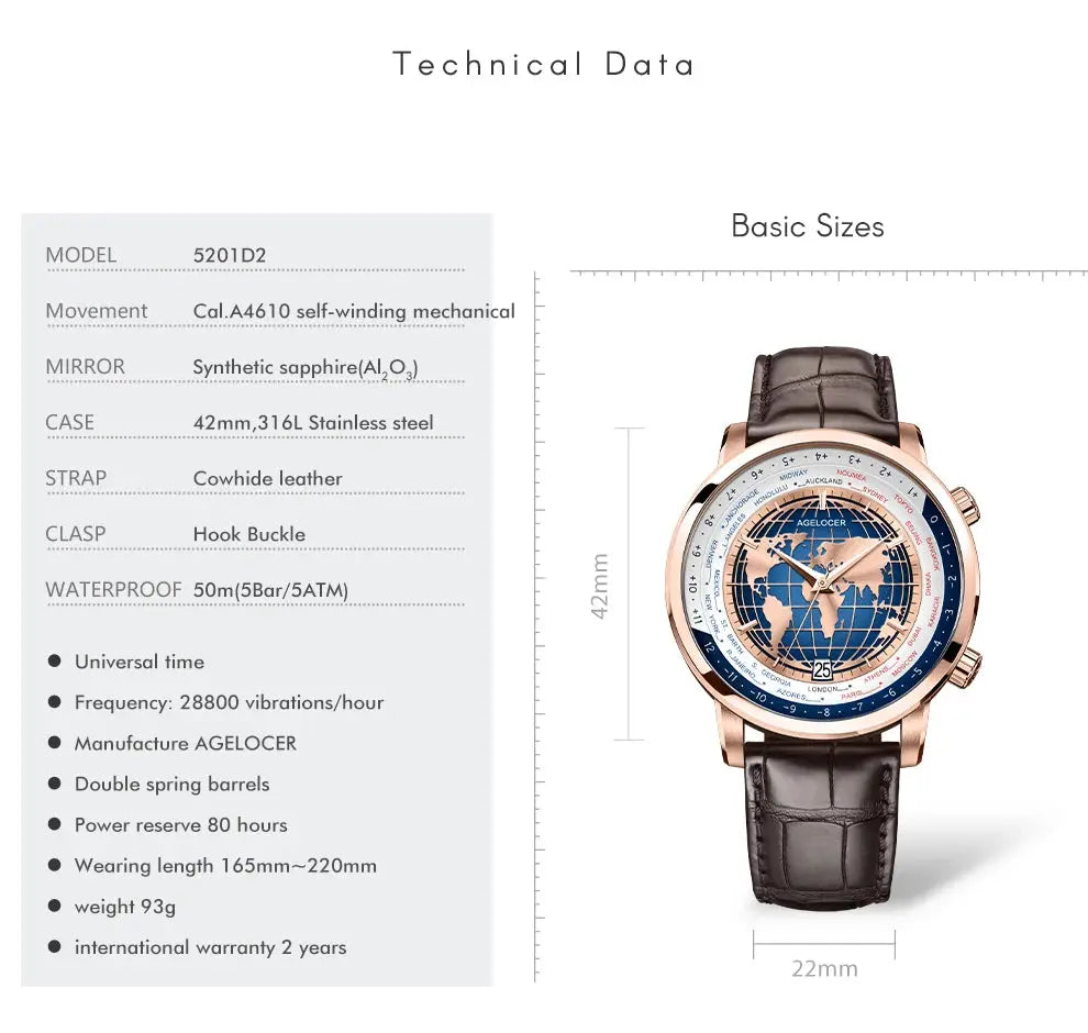 World Time Automatic Mechanical Calendar Stainless Steel Inspirational Watches