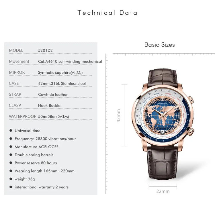 World Time Automatic Mechanical Calendar Stainless Steel Inspirational Watches