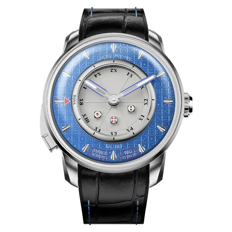 Lucky Harvey Sic Bo Dial Automatic Mechanical Watches for Men 2.5MM Micro-carving Dice Cambered Sapphire Funny Party Game Watch Inspirational Watches