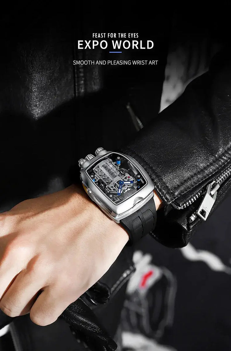 PINDU Men Automatic Watch 42mm Luxury Tonneau Mechanical Wristwatch Fashion Luminous 50M Waterproof Skeleton NH05 Inspirational Watches