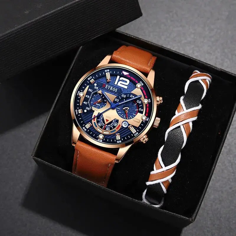 2PCS Set Fashion Calendar Watches Male Business Casual Brown Leather - Inspirational Watches