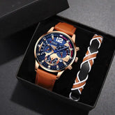 2PCS Set Fashion Calendar Watches Male Business Casual Brown Leather - Inspirational Watches