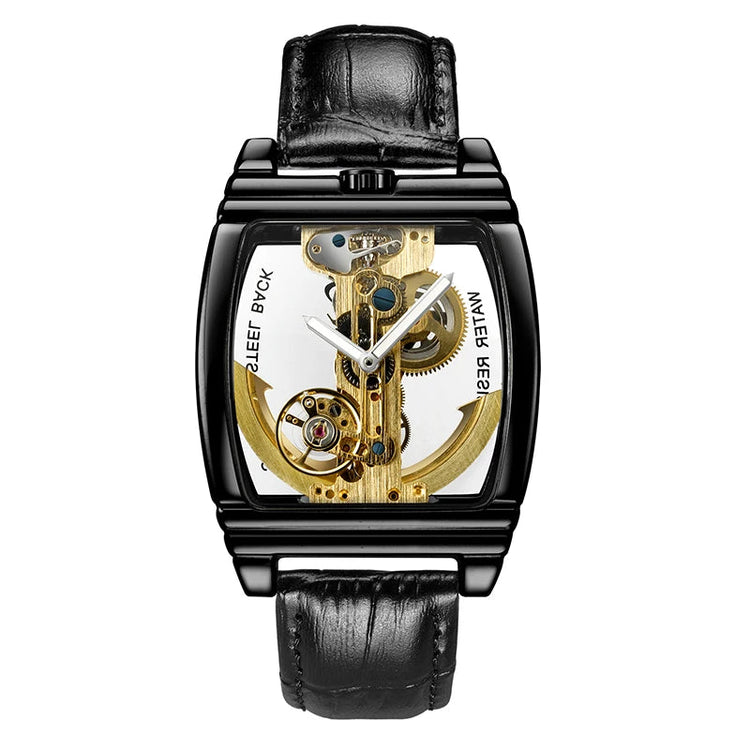 SHENHUA Mens Watches Top Brand Luxury Automatic Mechanical Transparent Skeleton Bridge Watch Leather Belt Wristwatch Male Clock Inspirational Watches