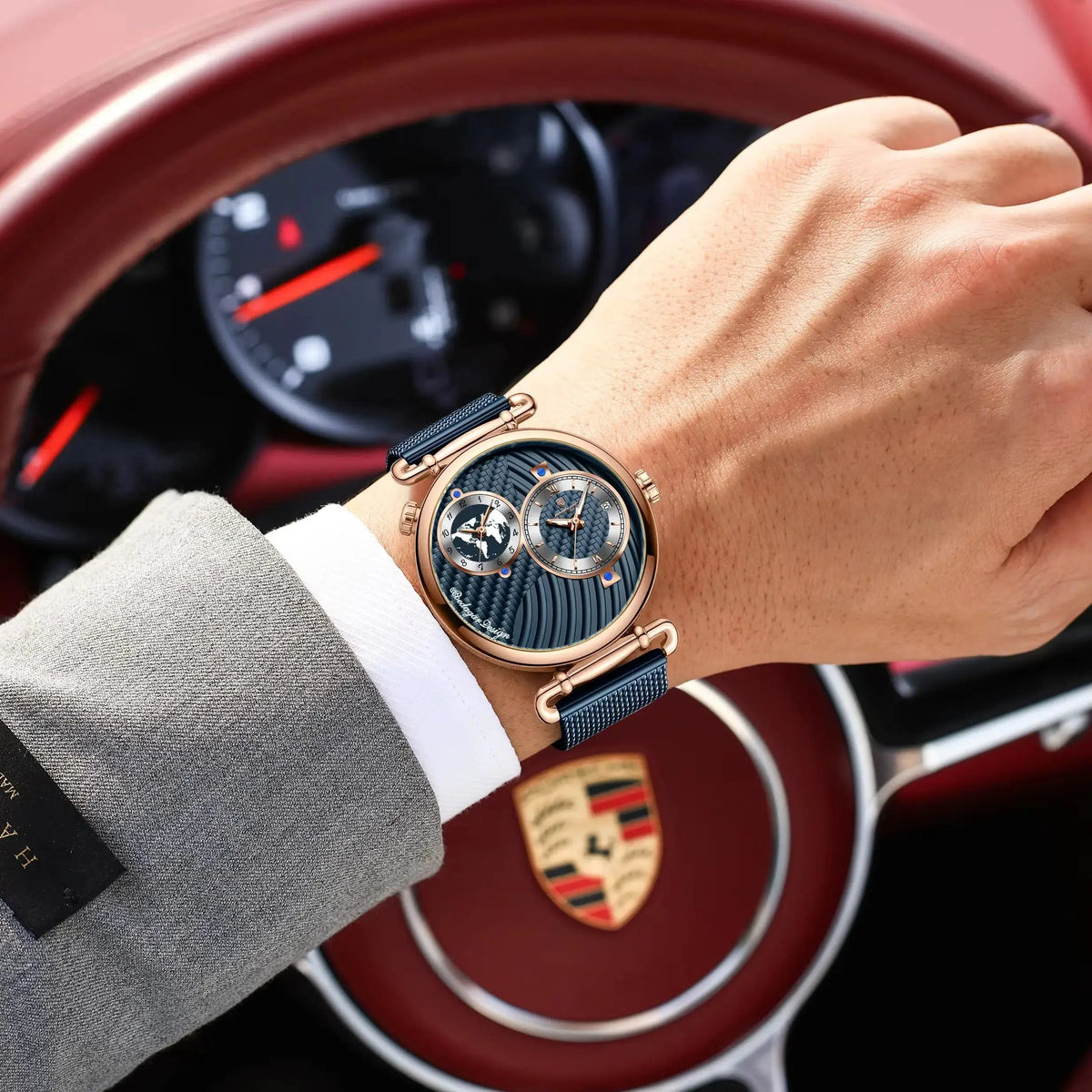 POEDAGAR Fashion Man Clock Dual Time Zone Display Waterproof Date Men Watch Sports Mesh Stainless Steel Men&