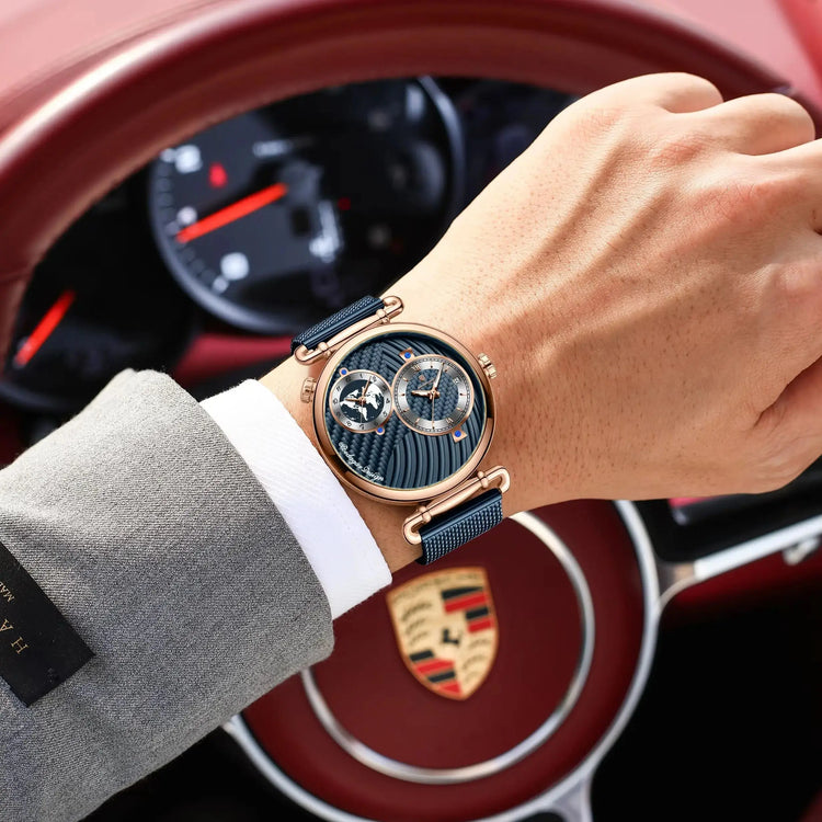 POEDAGAR Fashion Man Clock Dual Time Zone Display Waterproof Date Men Watch Sports Mesh Stainless Steel Men&