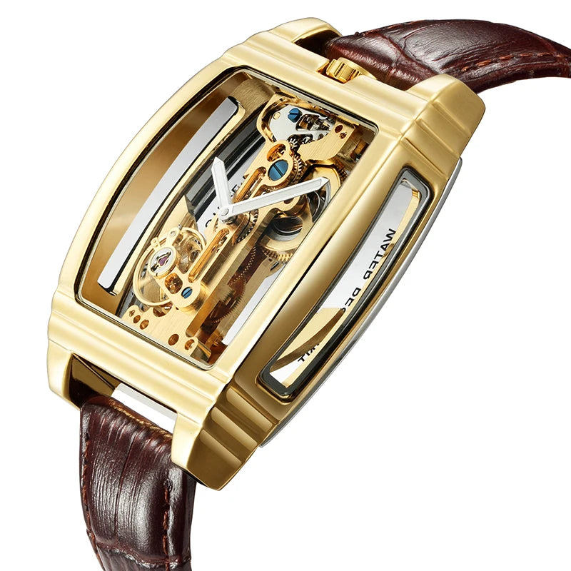 Transparent Automatic Mechanical Watch Men Steampunk Skeleton Luxury Gear Self Winding Leather Mens Clock Watches Montre Homme Inspirational Watches