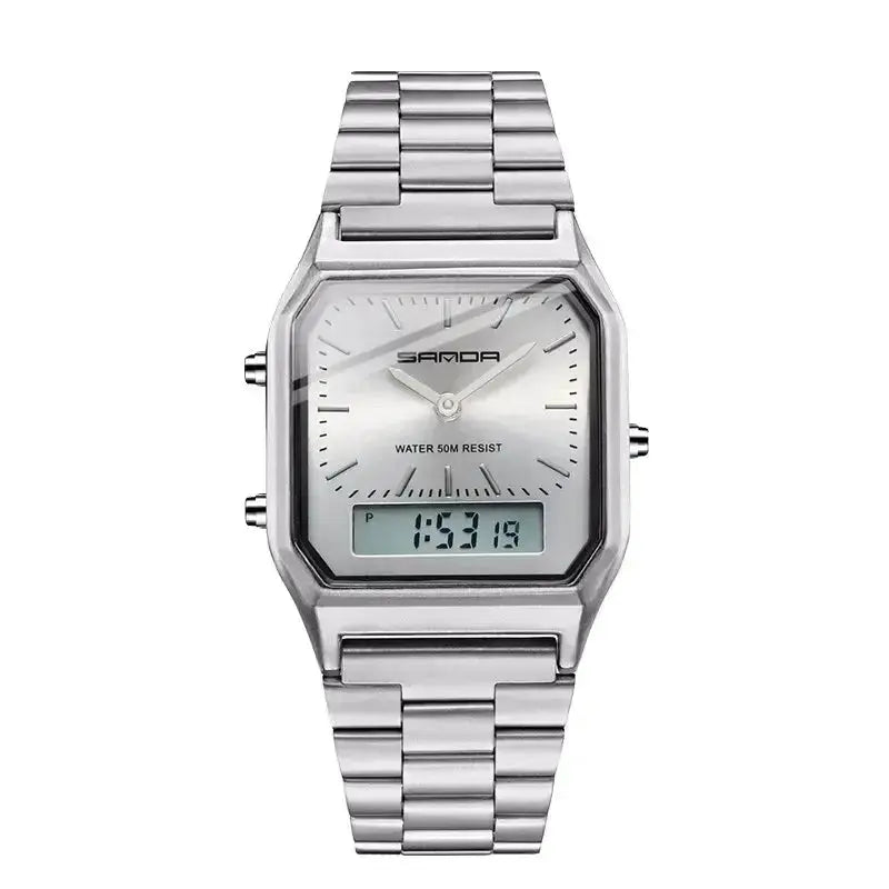 Stainless Steel LED Digital Dual Display Clock Waterproof Sports Watch Inspirational Watches