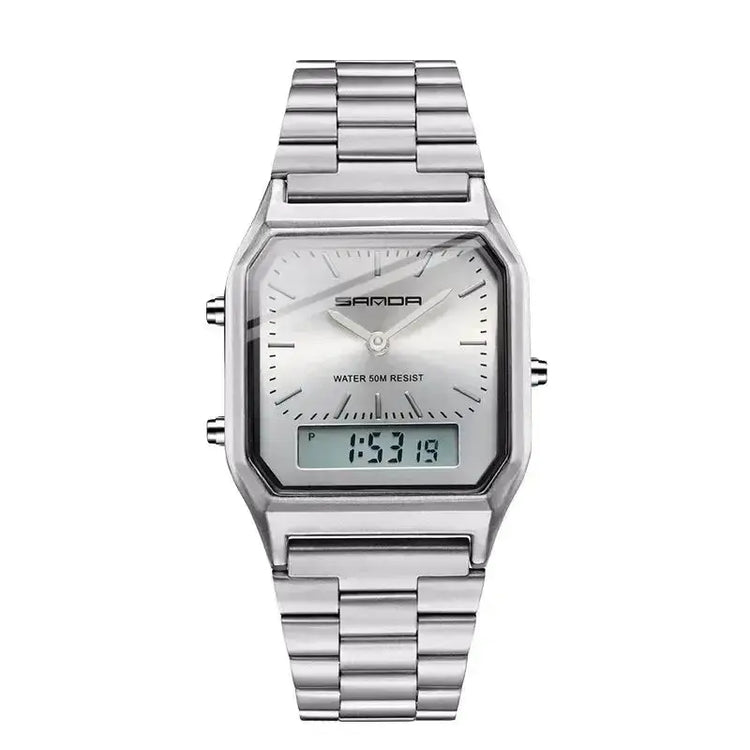 Stainless Steel LED Digital Dual Display Clock Waterproof Sports Watch Inspirational Watches