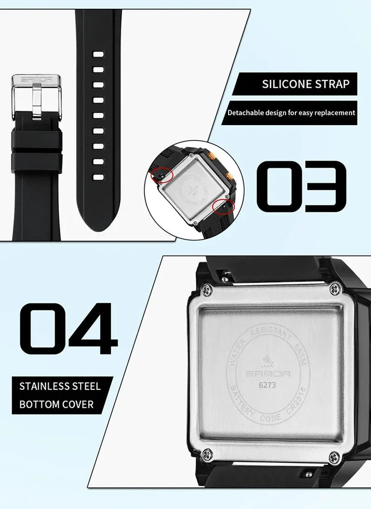 Square Dual Time Electronic Watch Waterproof - Inspirational Watches