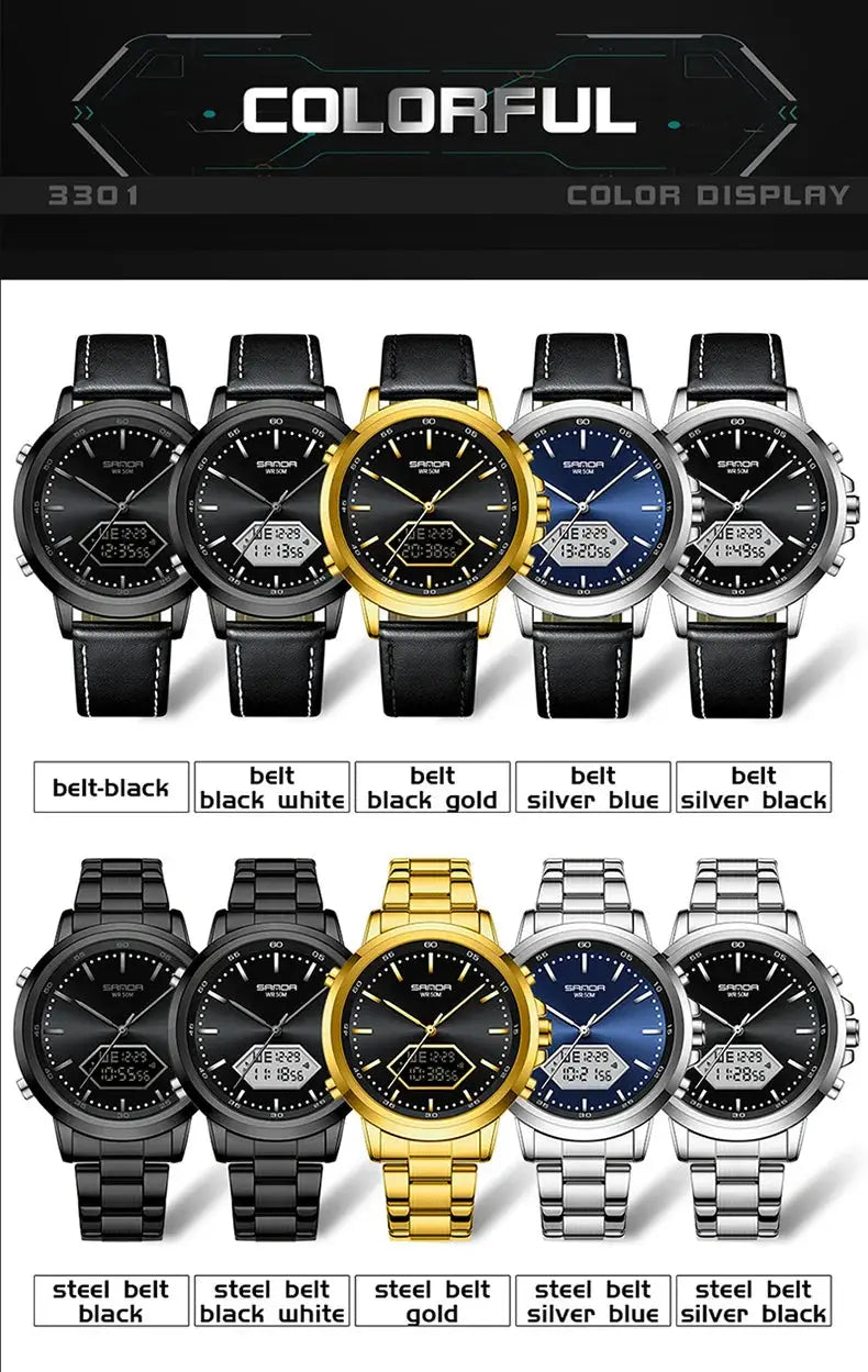 Dual Display Multi functional Night Light Waterproof Business Sports Watch Inspirational Watches