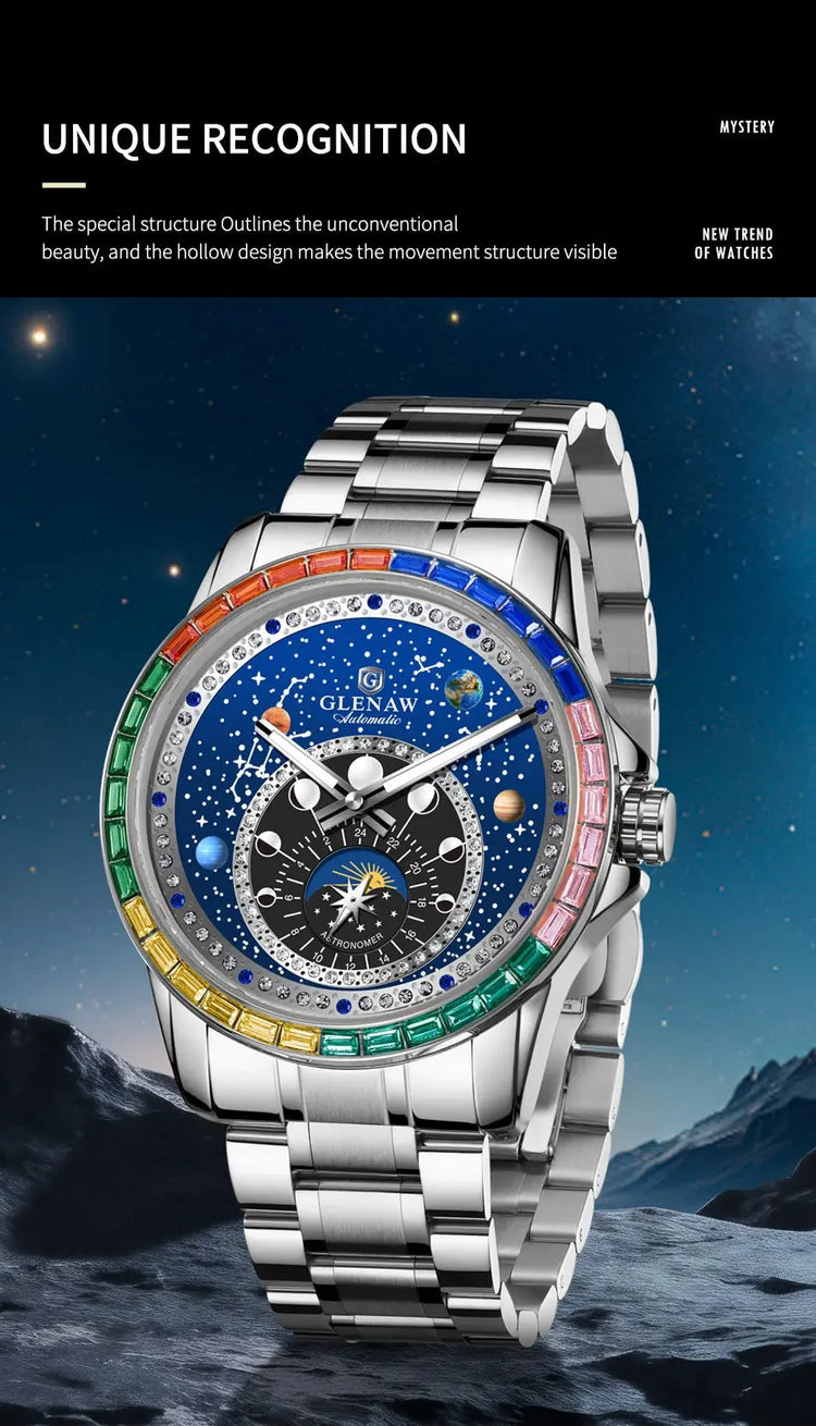 GLENAW Watches Original Design Diamond Constellation Rotating Dial Stainless Steel Luxury Men&