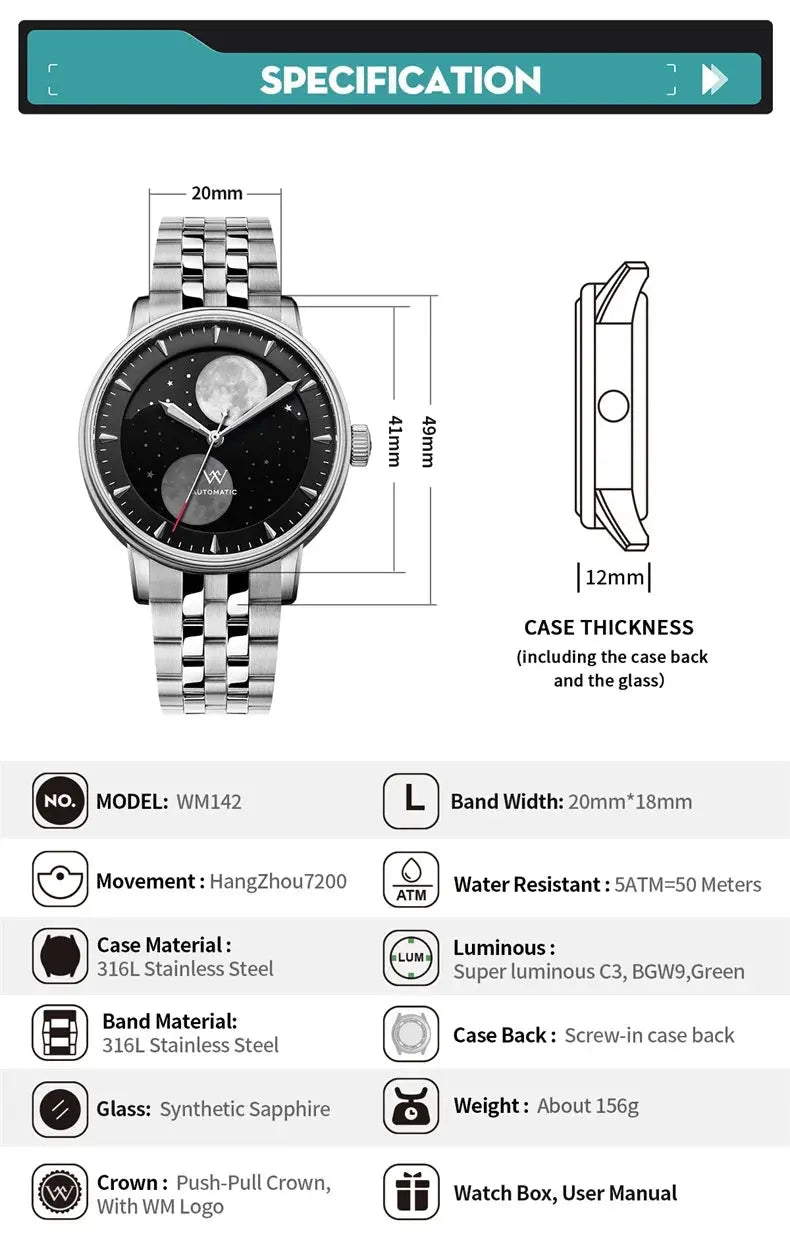 Lunar Moon Phase Automatic Mechanical Sapphire Waterproof Twin Moons Inspirational Watches