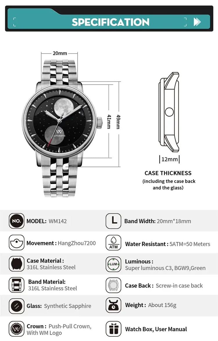 Lunar Moon Phase Automatic Mechanical Sapphire Waterproof Twin Moons Inspirational Watches