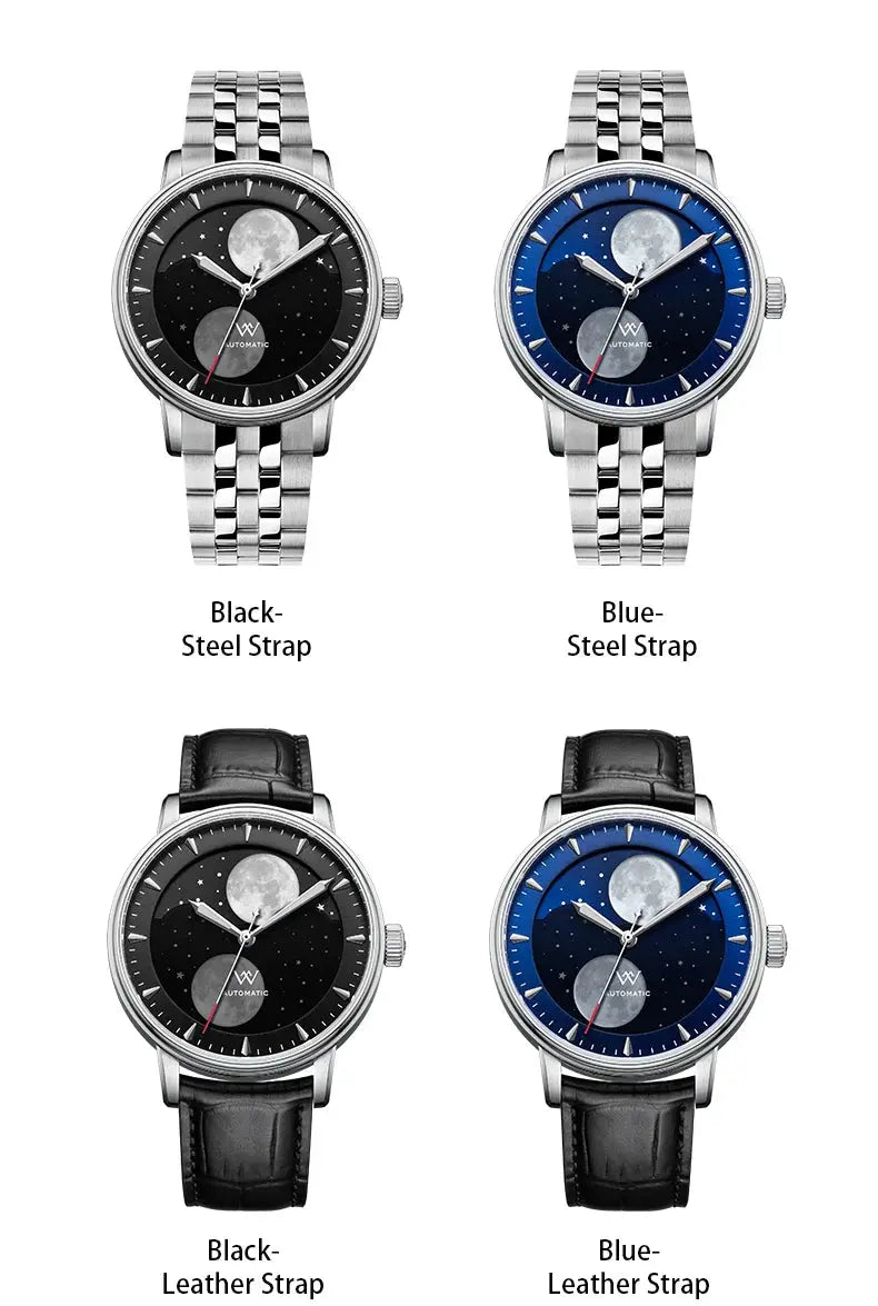 Lunar Moon Phase Automatic Mechanical Sapphire Waterproof Twin Moons Inspirational Watches