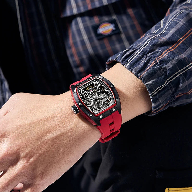Mechanical Watch for Men Fashion Sport Analog Automatic Wristwatch Skeleton Stainless 50M Waterproof Watches with Tonneau Dial Inspirational Watches