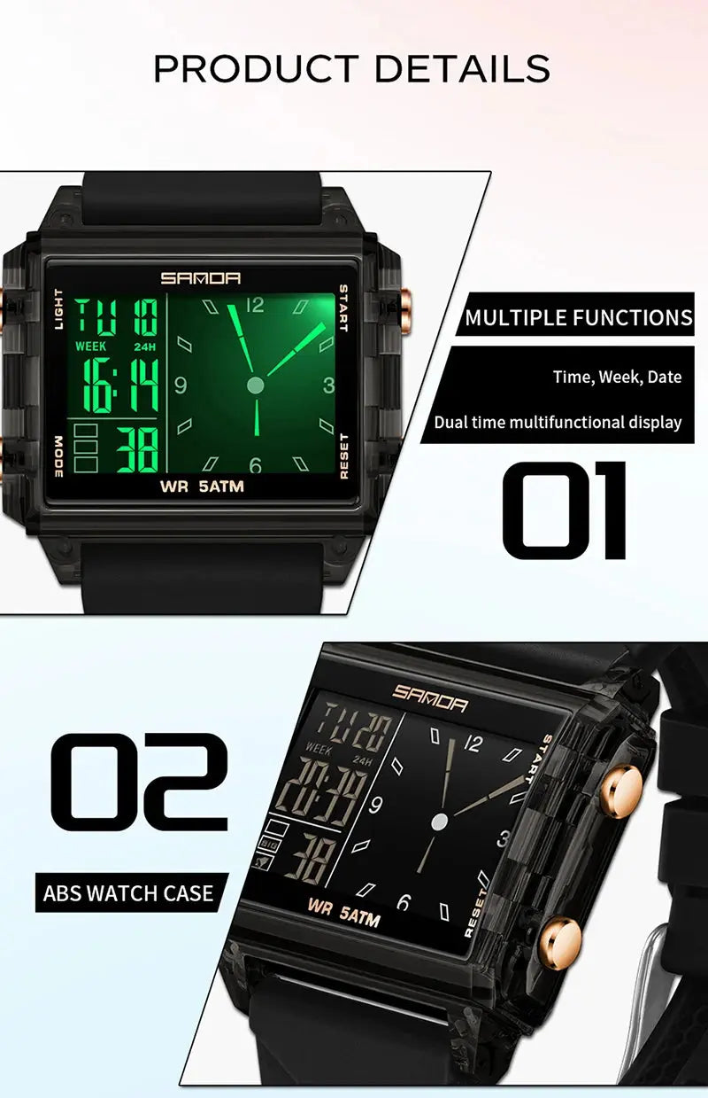 Square Dual Time Electronic Watch Waterproof - Inspirational Watches